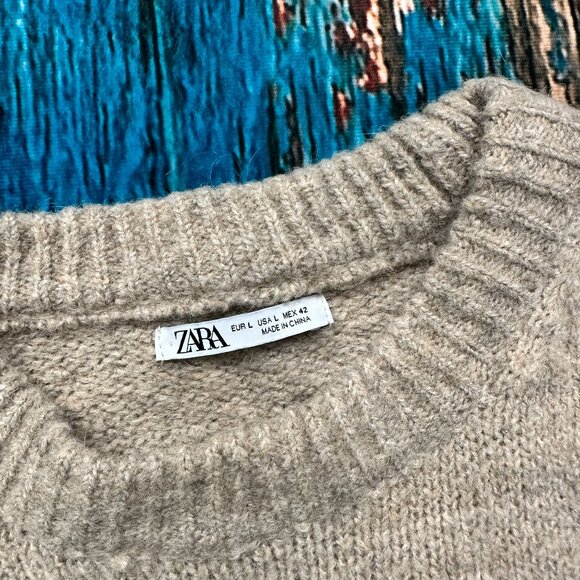 Zara Tan Wool Alpaca Blend Crewneck Sweater Size Large - Picture 3 of 12
